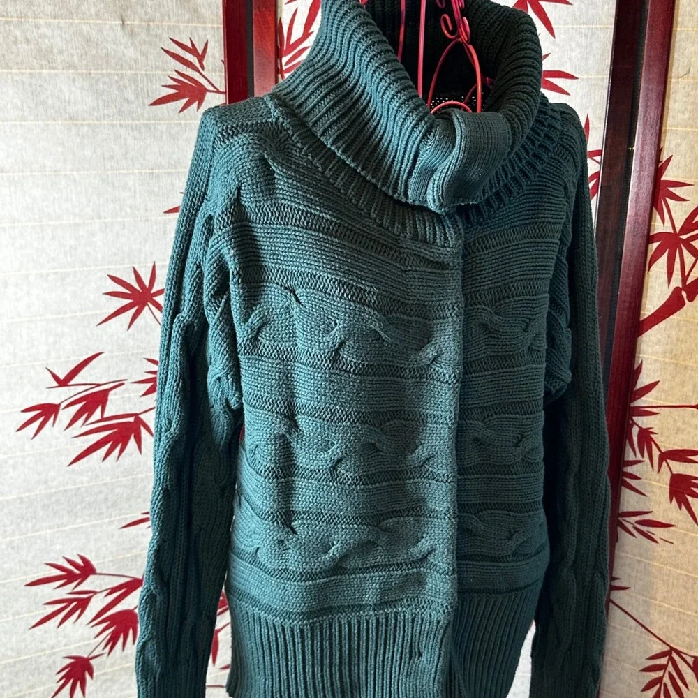 Talbots Green Chunky Cable Knit Convertible Collar Snap Front Cardigan Sweater M